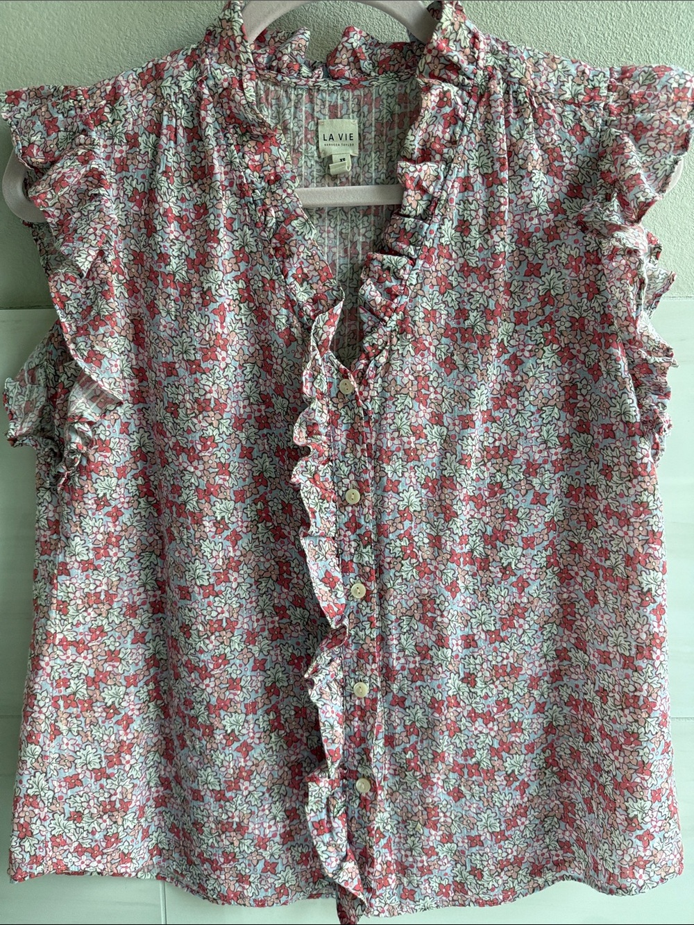 Rebecca Taylor La Vie Red and White Floral Ruffle Button-Front Blouse